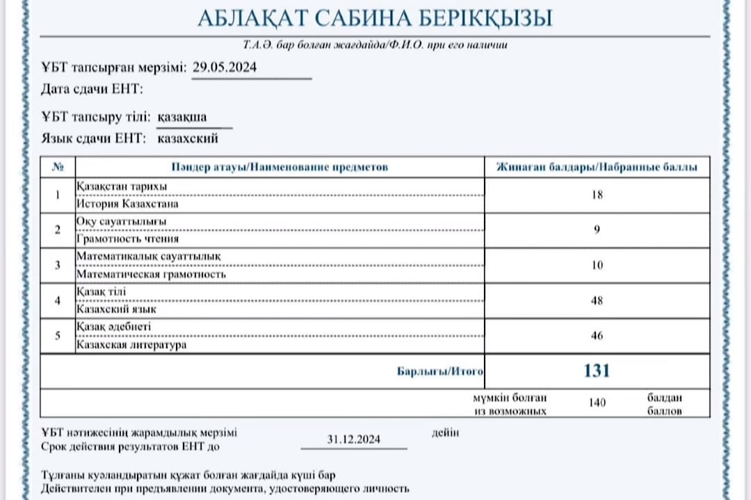 МЕКТЕБІМІЗДІҢ АЛТЫН БЕЛГІГЕ ҮМІТКЕР ОҚУШЫСЫ АБЛАҚАТ САБИНА ҰБТ-ден 131 БАЛЛ АЛДЫ.САБИНАМЫЗДЫҢ ҒҰМЫРЫ ҰЗАҚ, БОЛАШАҒЫ ЖАРҚЫН БОЛСЫН! МЕКТЕП-ГИМНАЗИЯ НЫҢ МЕРЕЙІ ҮСТЕМ БОЛСЫН! БАСҚА ТҮЛЕКТЕРІМІЗГЕ ЖҰҒЫСТЫ БОЛСЫН!